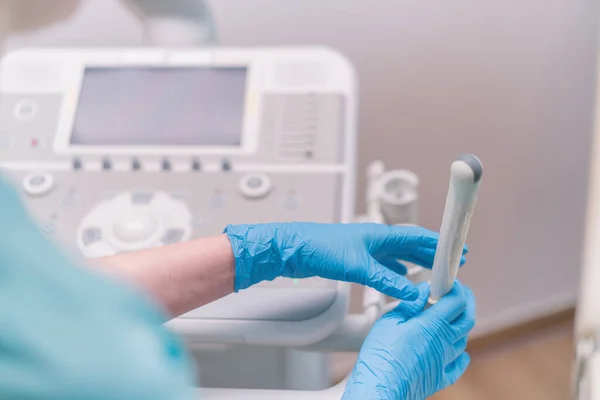 Gynecologist Holds Transvaginal Ultrasound Device His Hands Diagnosing Patient Clinic — Stock Photo, Image