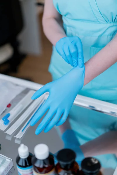 Gynecologist Putting Rubber Gloves Prepares Examine Patient Gynecology Clinic Close — Stock Photo, Image