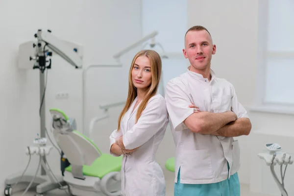 Portrait Beautiful Young Smiling Colleagues Dentists Standing Dental Office Start — Stock Photo, Image