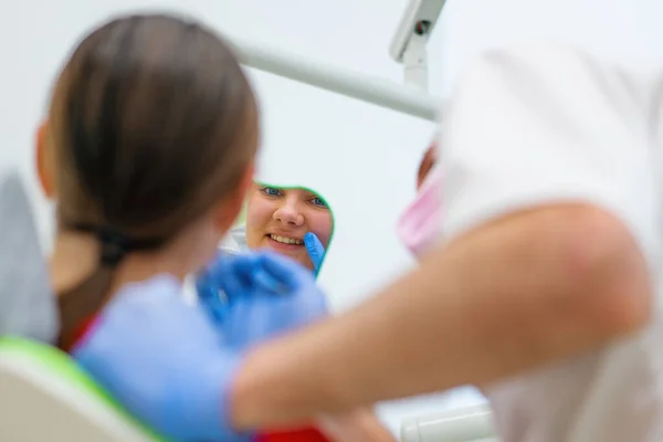 Happy Woman Looking Mirror Enjoying Healthy Clean Teeth Beautiful Smile — Stock Photo, Image