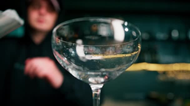 Professioneller Barkeeper Gießt Eiswürfel Mit Einer Schaufel Ein Glas Und — Stockvideo