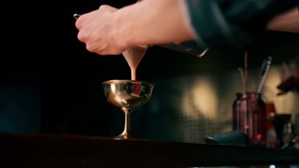 Barista Versa Cocktail Finito Bel Bicchiere Dallo Shaker Attraverso Colino — Video Stock