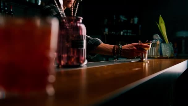 Bartender Memberikan Pelanggan Lezat Baru Disiapkan Raspberry Susu Punch Cocktail — Stok Video