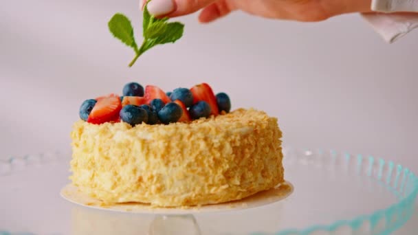 用新鲜草莓 浆果和薄荷糖装饰的拿破仑蛋糕 — 图库视频影像