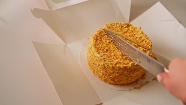 Delicioso Pastel Miel Recién Hecho Caja Regalo Cortado Pedazos Con — Vídeo de stock