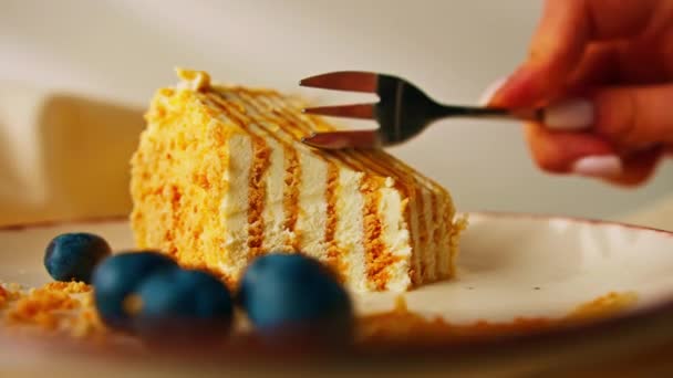 Tenedor Corta Delicioso Pedazo Pastel Miel Rociado Con Miel Plato — Vídeos de Stock
