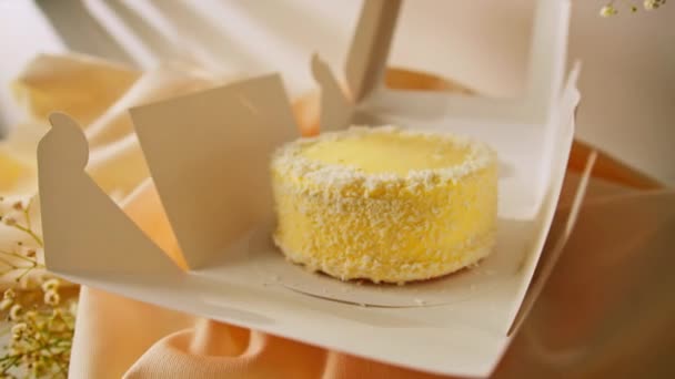 Delicioso Pastel Esponja Coco Cremoso Recién Hecho Con Chocolate Blanco — Vídeos de Stock