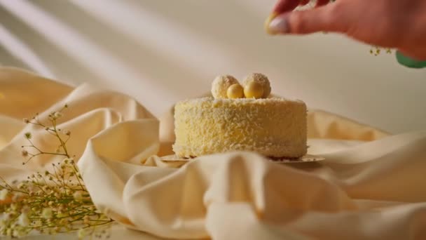 Delicioso Pastel Esponja Crema Fresca Decorada Con Caramelos Virutas Coco — Vídeo de stock