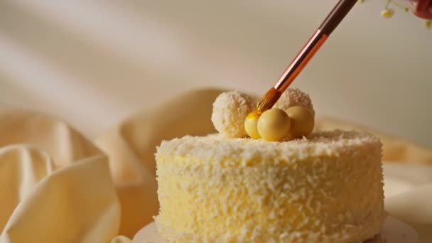 Delicioso Pastel Esponja Crema Fresca Decorada Con Caramelos Virutas Coco — Vídeos de Stock