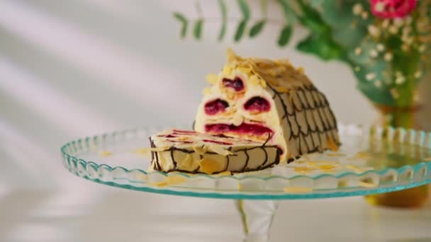 Delicious Cherry Cake Monastery Hut Decorated Almond Shavings Stand Cut — Stock Video