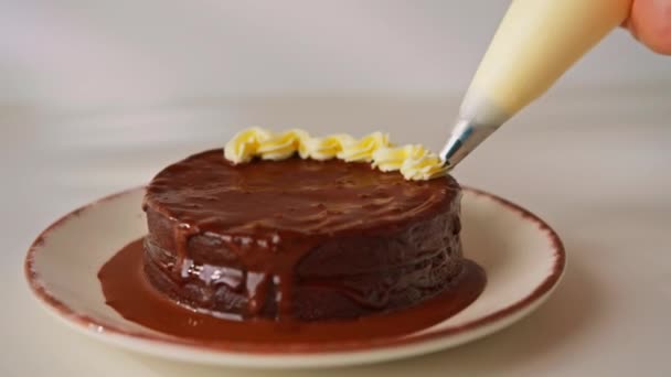 Delicioso Recién Hecho Chocolate Sacher Pastel Praga Sobre Fondo Blanco — Vídeos de Stock
