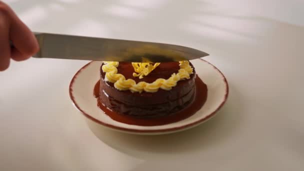 美味的巧克力蛋糕色泽或布拉格蛋糕白色背景甜点装饰奶油切刀 — 图库视频影像