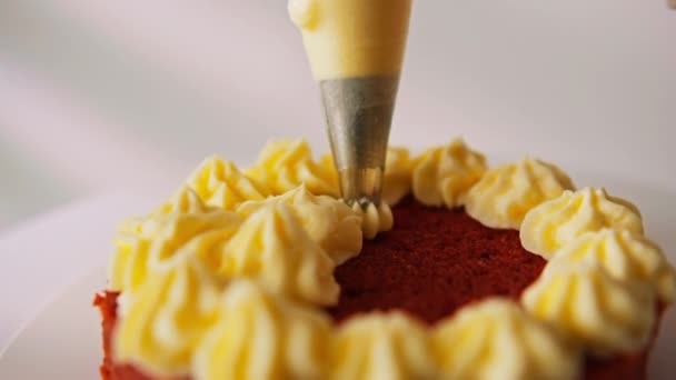 Вкусный Свежеприготовленный Торт Красный Бархат Белом Фоне Торт Украшен Масляной — стоковое видео
