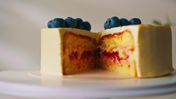 おいしい出来立てのスポンジケーキお弁当ブルーベリーのスライスベリー詰め — ストック動画