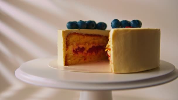 Délicieux Gâteau Éponge Fraîchement Préparé Bento Décoré Bleuets Tranches Remplissage — Video