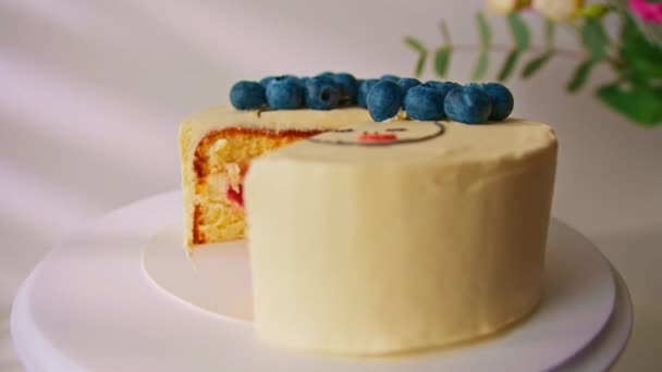 Ízletes Frissen Készített Szivacs Torta Bento Díszített Minta Cseresznye Töltelék — Stock videók