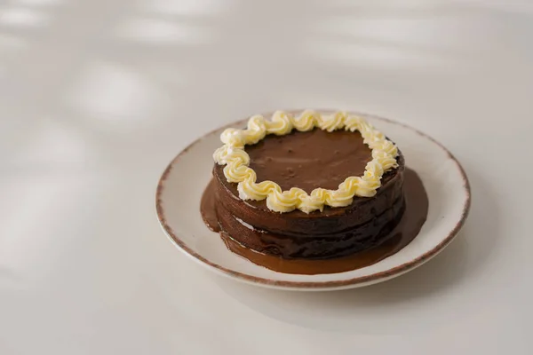 Delicious Freshly Made Chocolate Sacher Prague Cake White Background Decorated — Stock Photo, Image