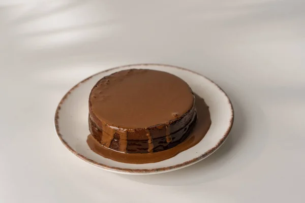 delicious freshly made Sacher or Prague chocolate cake on plate on a white background covered with hot chocolate