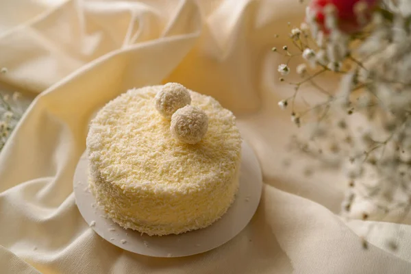 Delicious Freshly Made Cream Sponge Cake Decorated Candies Coconut Shavings — Stock Photo, Image