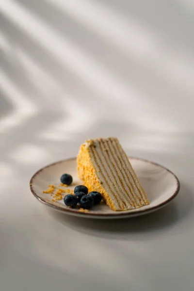 Delicioso Pedazo Pastel Miel Recién Hecho Plato Con Bayas Sobre — Foto de Stock