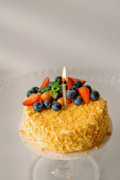 Świeżo Upieczone Pyszne Ciasto Napoleońskie Jasnym Tle Ciasto Francuskie Świeżymi — Zdjęcie stockowe