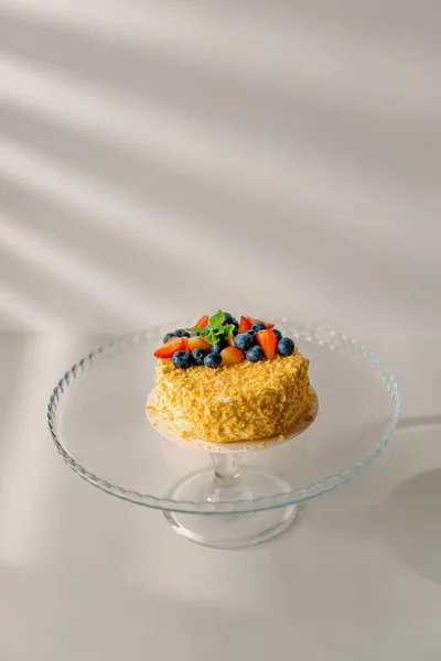 Frisch Zubereiteter Köstlicher Napoleonkuchen Auf Hellem Hintergrund Blätterteigkuchen Kuchen Mit — Stockfoto