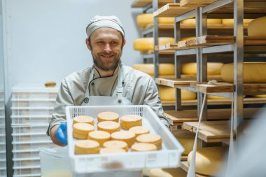 Gülümseyen peynir üreticisi süt çiftliği deposunda taze peynir tutuyor. Süt ürünleri üretimi başarılı tarım işi.