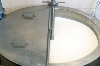 Peynir mandırasında süt karıştırmak özel bir karışım ile büyük bir fıçıda Pastörizasyon Peynir üretimi peynir sütünde