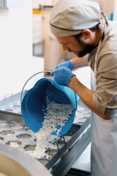 Cheese Maker Pours Fresh Cheese Molds Making Brie Cheese Craft — Stock Photo, Image