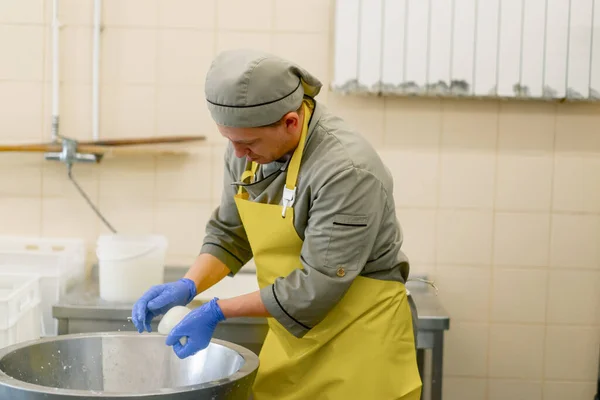 乳酪的生产奶酪的制造商从金属桶中取出白色的莫扎拉 用手捏住会使球膨胀 — 图库照片