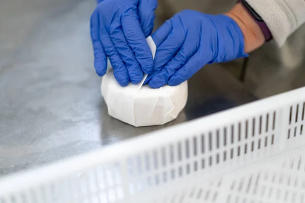 一名工人将有机软奶酪手工包装成纸包装 手工制作乳酪特写 — 图库照片