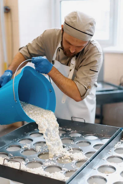 Peynir Üreticisi Peynir Üretimi Için Peynirleri Kalıplara Döküyor — Stok fotoğraf