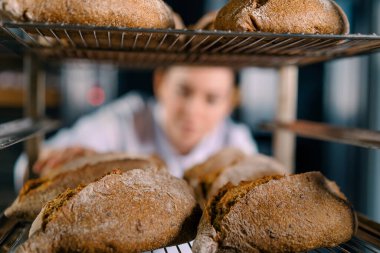 Raflar arasında çekici bir kadın fırıncı. Taze pişmiş ekmeğe bakıyor ve dikkatlice fırın endüstrisine bakıyor.