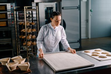 Konsantre güzel kadın fırıncı fırın yapımı hamur işleri pişirmeye başlamadan önce masaya boş bir yemek tabağı koyar.
