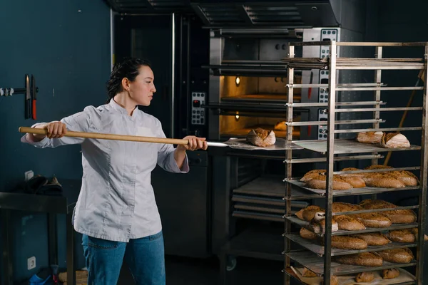 Kadın Fırıncı Fırından Taze Taze Taze Ekmek Çıkarır Fırın Mutfağının — Stok fotoğraf