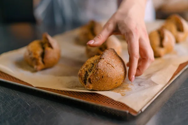 Fırıncı Elinde Taze Pişmiş Çıtır Çıtır Ekmekli Poğaçalı Hamur Işleri — Stok fotoğraf