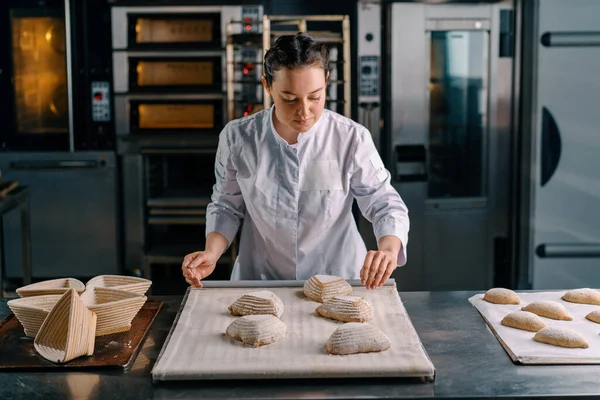 concentrated beautiful woman baker forms raw bread buns before baking bakery production pastries