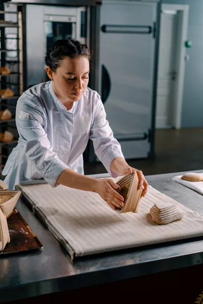 濃縮された美しい女性のパン屋はベーカリーの生産のペストリーを焼く前に型からの生のパンロールをレイアウトします — ストック写真