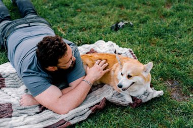 Sakallı adam evcil Corgi köpeğiyle parkta dinleniyor. Yaz pikniğinde yatıyor.