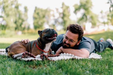 Sakallı bir adam köpeğiyle parkta dinleniyor. Fransız bulldog 'u dışarıda, çarşaf üzerinde piknikte yatıyor.
