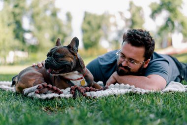 Sakallı bir adam köpeğiyle parkta dinleniyor. Fransız bulldog 'u dışarıda, çarşaf üzerinde piknikte yatıyor.