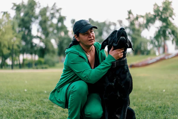 Kvinna Tränar Svart Hund Stor Cane Corso Ras Promenad Parken — Stockfoto