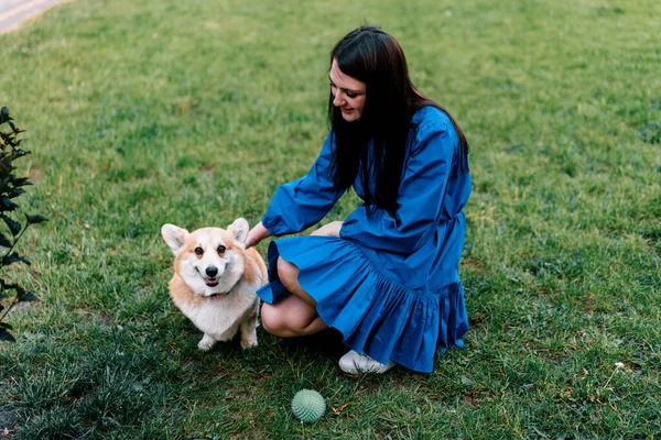 Young Girl Zoopsychologist Calms Corgi Dog Park Dog Sits Next — Stock Photo, Image