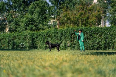 Bir kadın, parkta yürürken siyah bir köpekle oynuyorsa köpek onun peşinden koşar.