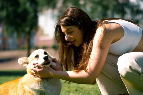 Portrait Young Girl Cute Corgi Dog Owner Kisses Dog Nose — Stock Photo, Image
