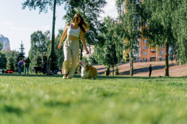 Genç bir kız parkta şirin bir Corgi köpeği eğitiyor. Sahibi onunla koşuyor ve yaz yürüyüşünde doğa hayvanlarıyla oynuyor.