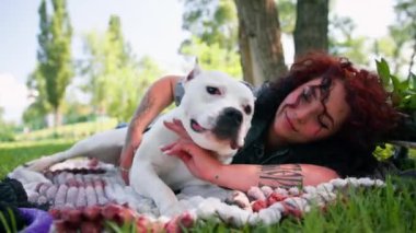 Güzel beyaz köpek pitbull staffordshire terrier parkta yürüyüş yaparken sahibinin onu yalarken dinlenmesi.