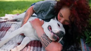 Güzel beyaz köpek pitbull staffordshire terrier parkta yürüyüş yaparken sahibinin onu yalarken dinlenmesi.