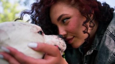 Pitbull cinsinin güzel beyaz köpeği Staffordshire Teriyeri parkta yürürken sahibi köpeği burnundan öpüyor.