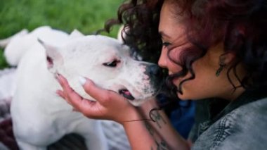 Pitbull cinsinin güzel beyaz köpeği Staffordshire Teriyeri parkta yürürken sahibi köpeği burnundan öpüyor.